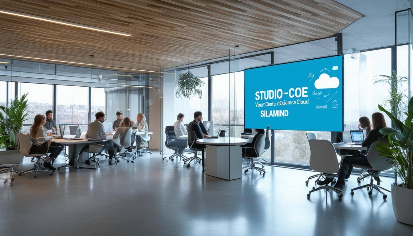 The image showcases a modern, sleek office space branded with the logo of STUDIO CCoE prominently displayed on a glass wall-2